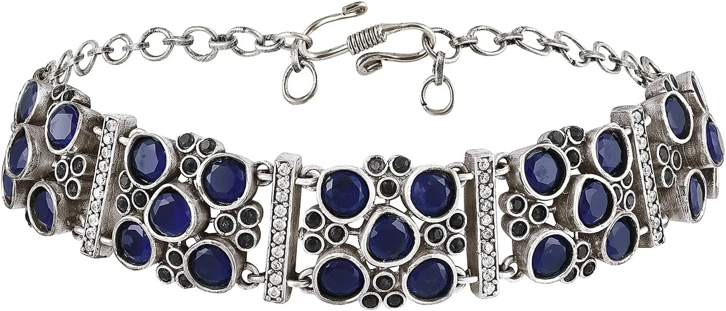 آهلی ست گوشواره و گردنبند زنانه با کریستالهای آبی نقرهای اکسید شده، جواهرات فشن و قومی آهلی ست گوشواره و گردنبند زنانه با کریستالهای آبی نقرهای اکسید شده، جواهرات فشن و قومی