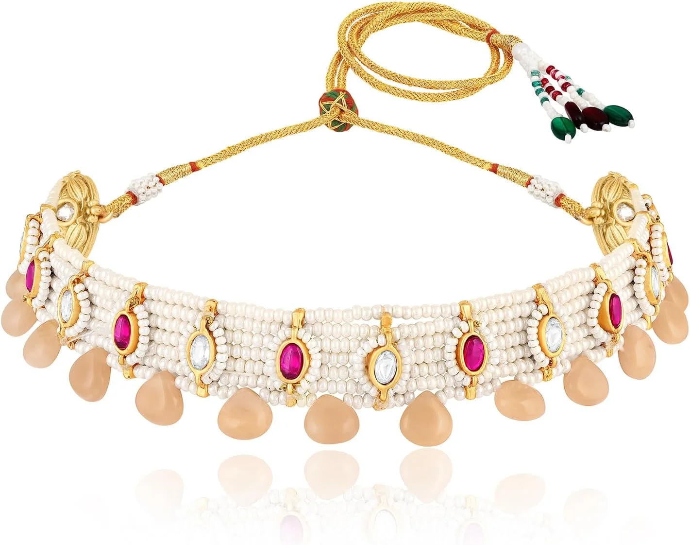 آهلی - ست گردنبند و گوشواره زنانه با سنگ های یاقوت مصنوعی هلویی و مهره کاری