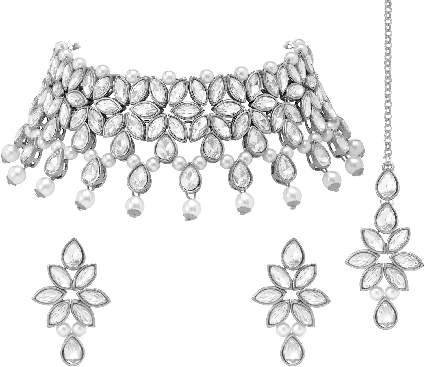 ست گردنبند، گوشواره و مانگ تیکا زنانه آلی با روکش نقره، مزین به کریستال و مهره، جواهرات قومی ست گردنبند، گوشواره و مانگ تیکا زنانه آلی با روکش نقره، مزین به کریستال و مهره، جواهرات قومی