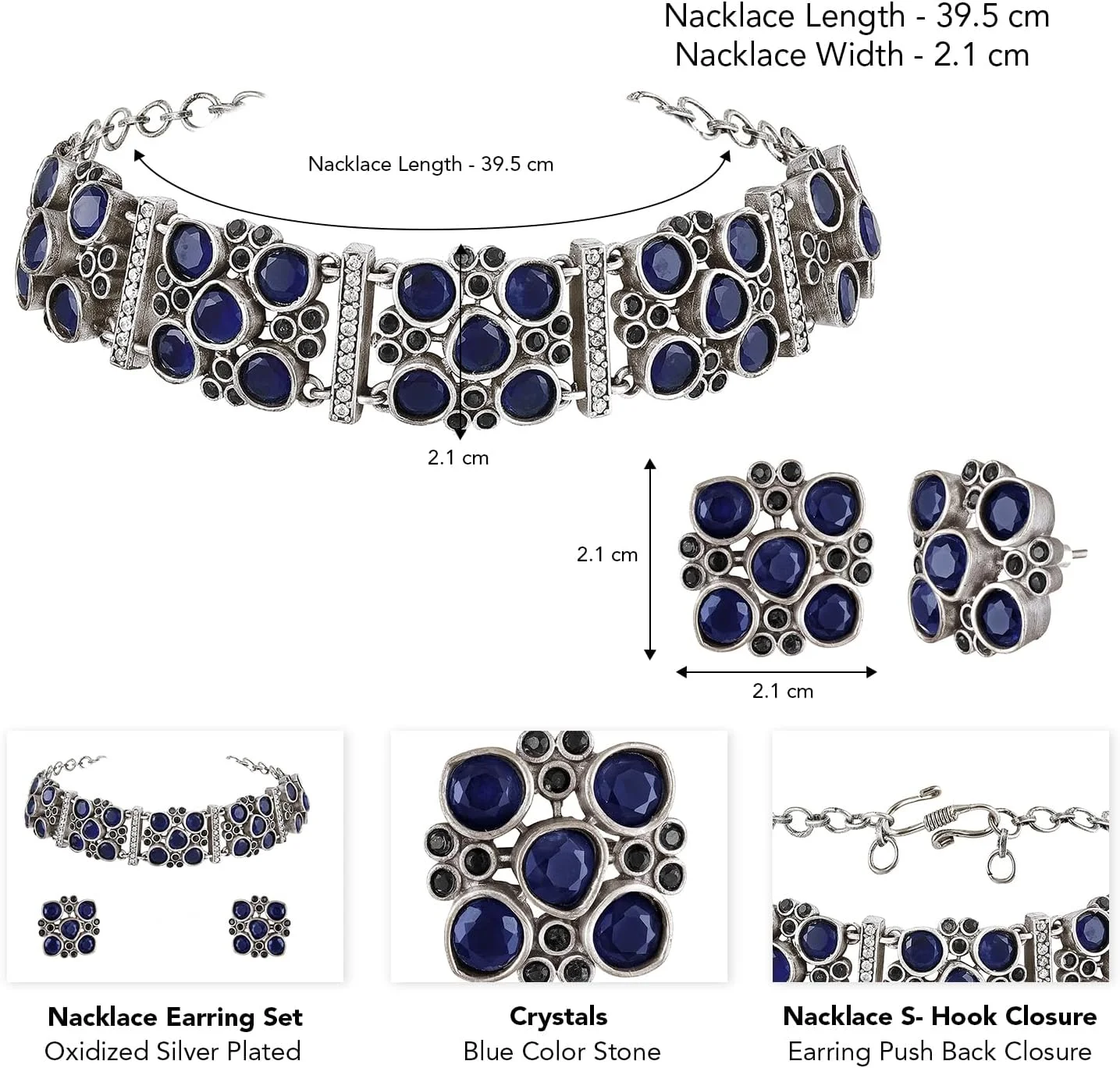 آهلی ست گوشواره و گردنبند زنانه با کریستالهای آبی نقرهای اکسید شده، جواهرات فشن و قومی آهلی ست گوشواره و گردنبند زنانه با کریستالهای آبی نقرهای اکسید شده، جواهرات فشن و قومی