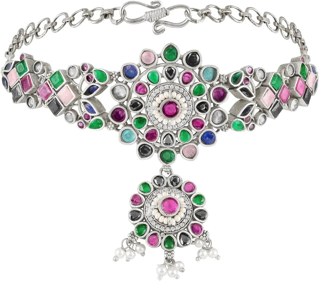 آهلی ست گردنبند و گوشواره زنانه با روکش نقره ای اکسید شده و نگین های چند رنگ