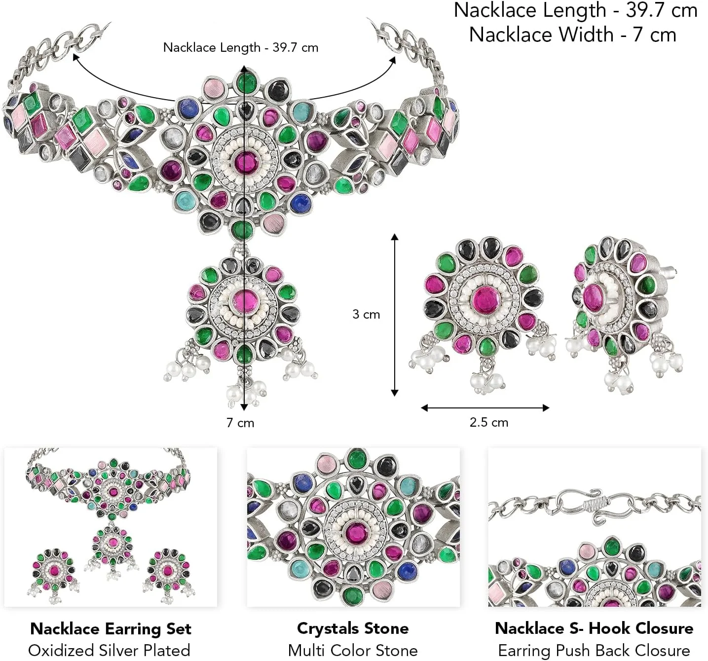 آهلی ست گردنبند و گوشواره زنانه با روکش نقره ای اکسید شده و نگین های چند رنگ