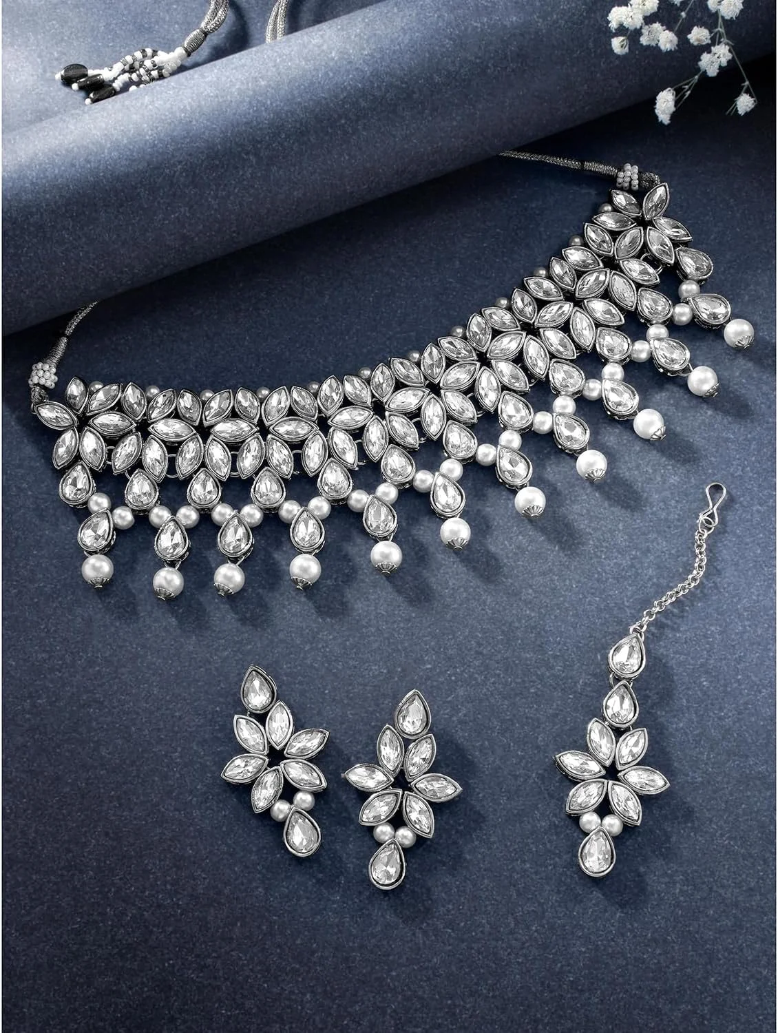 ست گردنبند، گوشواره و مانگ تیکا زنانه آلی با روکش نقره، مزین به کریستال و مهره، جواهرات قومی ست گردنبند، گوشواره و مانگ تیکا زنانه آلی با روکش نقره، مزین به کریستال و مهره، جواهرات قومی