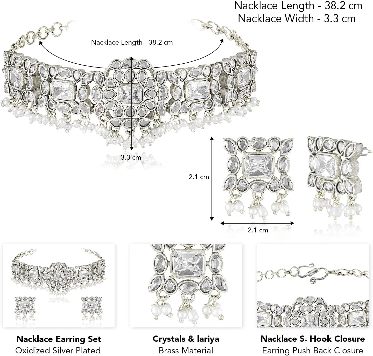 آهلی ست گوشواره و گردنبند زنانه با کریستال های سفید نقره ای اکسید شده و نگین کاری شده آهلی ست گوشواره و گردنبند زنانه با کریستال های سفید نقره ای اکسید شده و نگین کاری شده