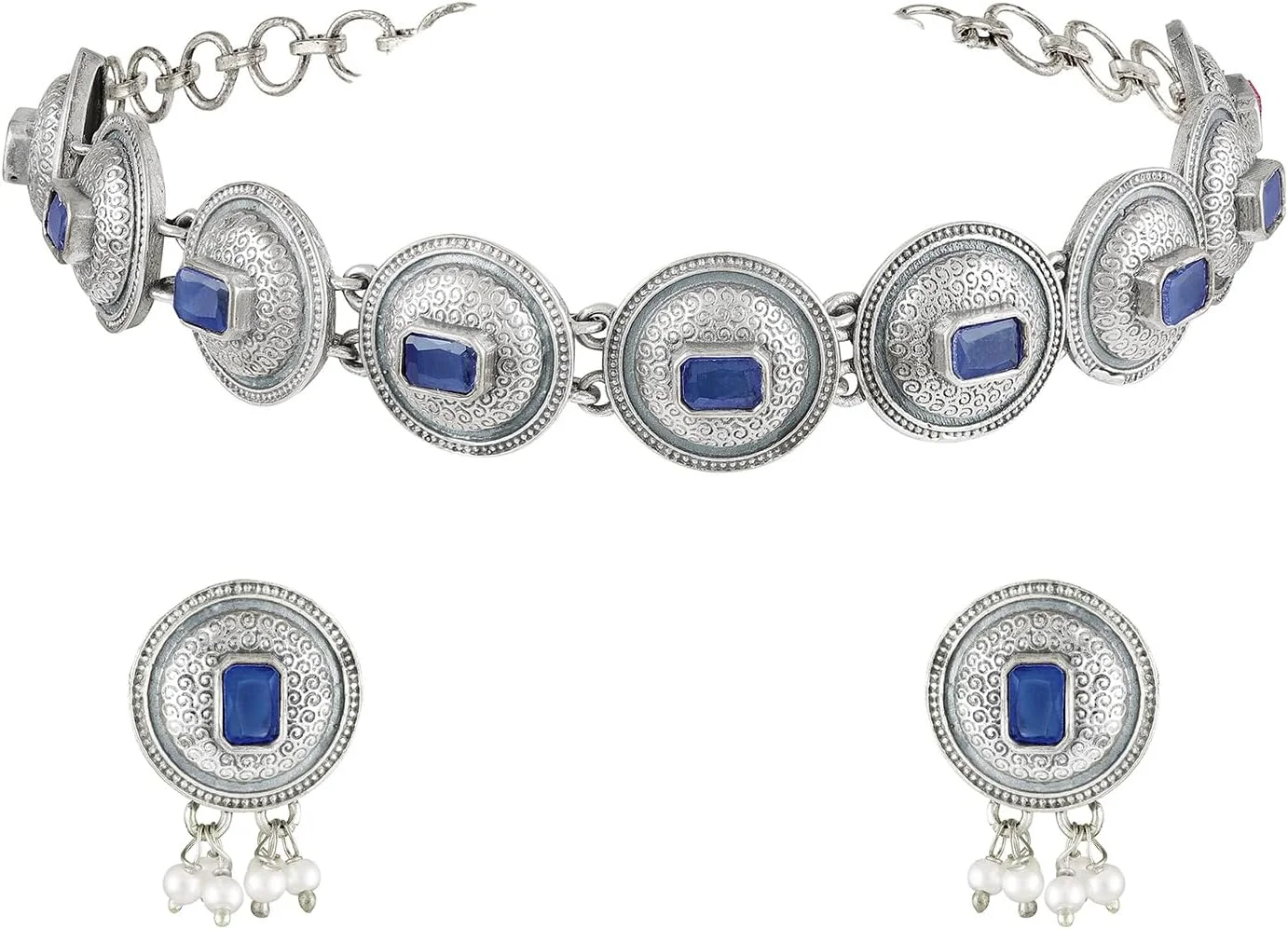 ست گردنبند چوکر و گوشواره زنانه با کریستالهای آبی و نقرهای اکسید شده طرح قومی اهلی ست گردنبند چوکر و گوشواره زنانه با کریستالهای آبی و نقرهای اکسید شده طرح قومی اهلی