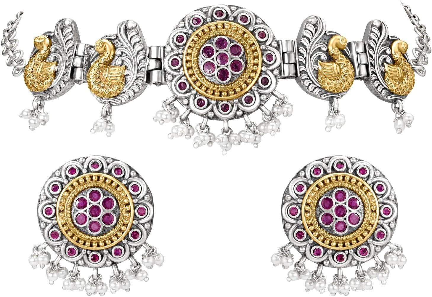 ست گوشواره و گردنبند زنانه طرح نقره ای و طلایی با نگین های یاقوت مصنوعی و لاریه ست گوشواره و گردنبند زنانه طرح نقره ای و طلایی با نگین های یاقوت مصنوعی و لاریه