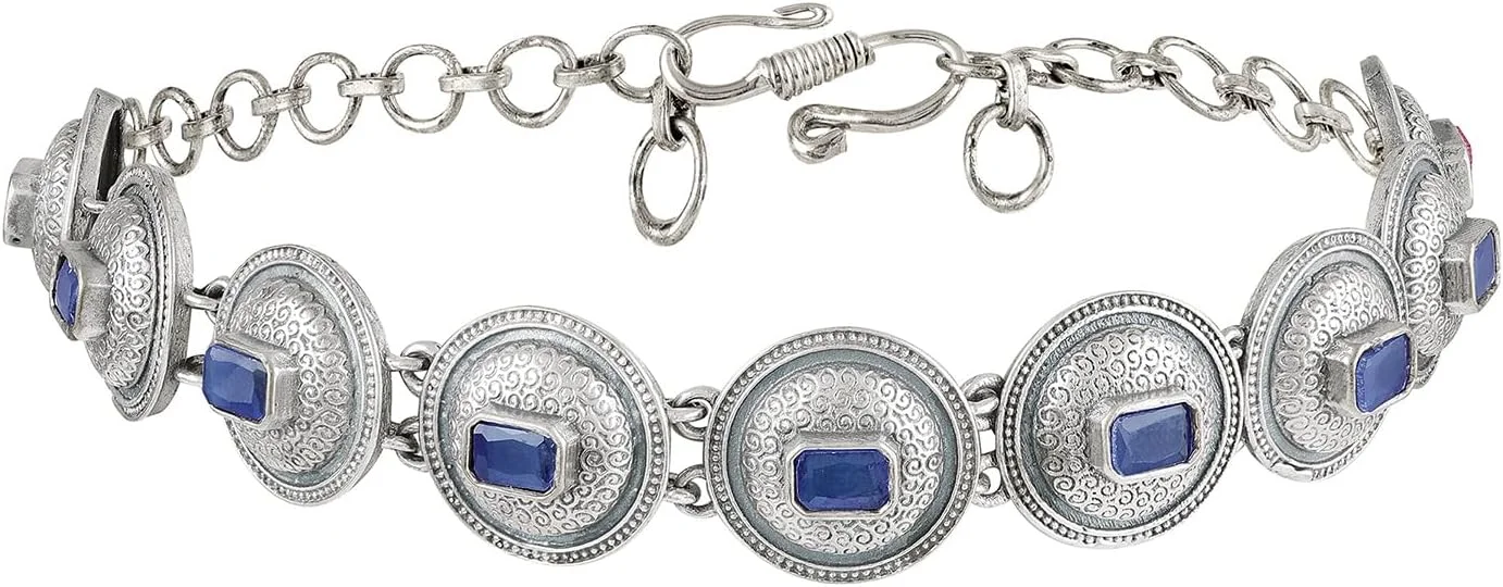 ست گردنبند چوکر و گوشواره زنانه با کریستالهای آبی و نقرهای اکسید شده طرح قومی اهلی ست گردنبند چوکر و گوشواره زنانه با کریستالهای آبی و نقرهای اکسید شده طرح قومی اهلی