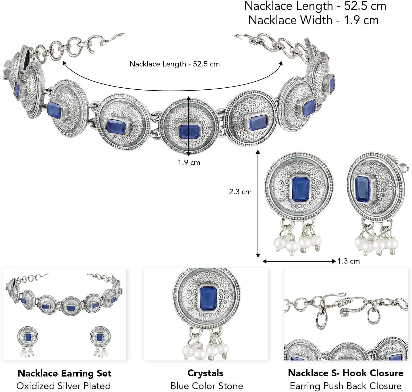 ست گردنبند چوکر و گوشواره زنانه با کریستالهای آبی و نقرهای اکسید شده طرح قومی اهلی ست گردنبند چوکر و گوشواره زنانه با کریستالهای آبی و نقرهای اکسید شده طرح قومی اهلی
