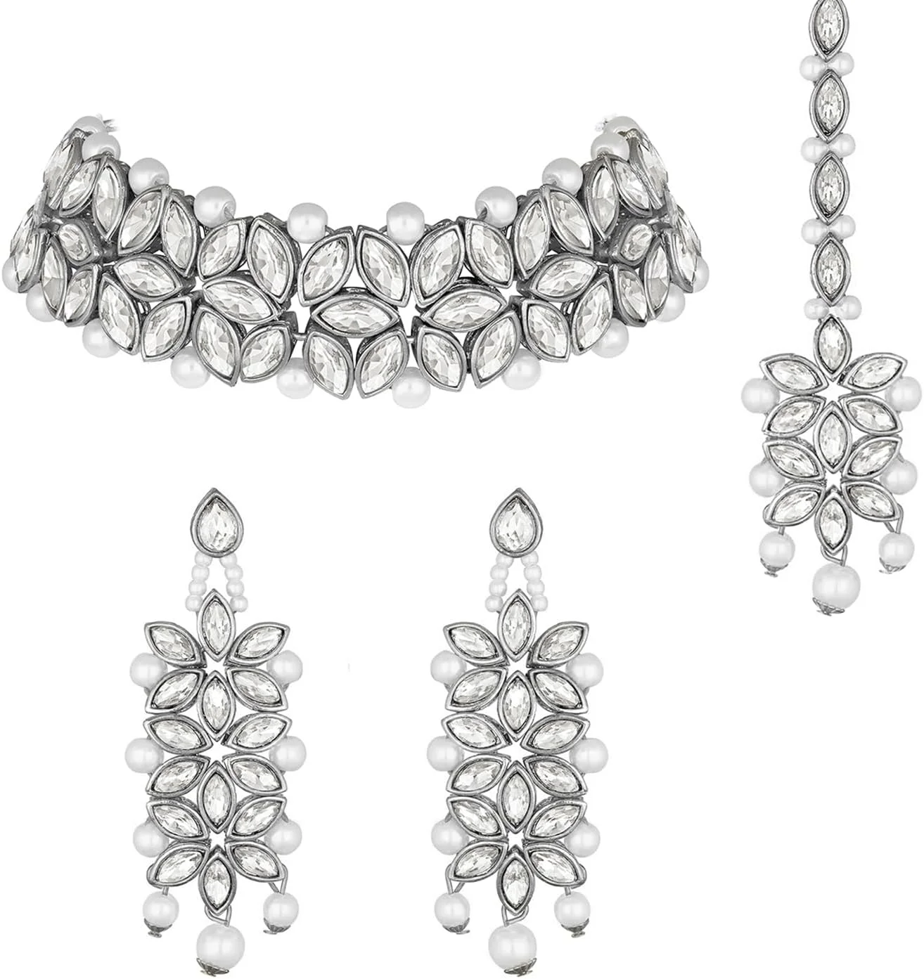 ست گردنبند، گوشواره آویز و مانگ تیکا زنانه با روکش نقره، نگین های کریستالی و مهره کاری ست گردنبند، گوشواره آویز و مانگ تیکا زنانه با روکش نقره، نگین های کریستالی و مهره کاری