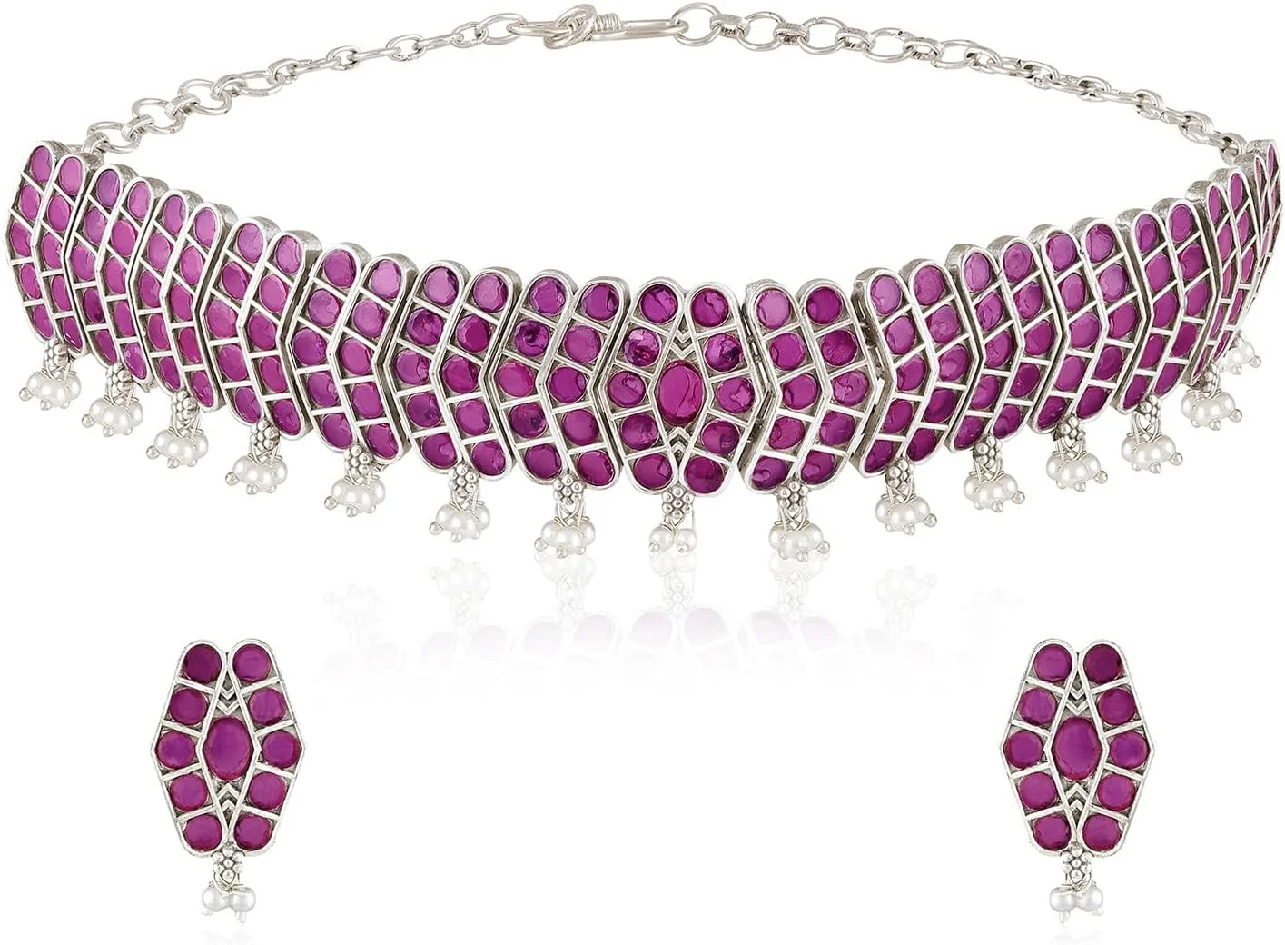 ست گوشواره و گردنبند زنانه با روکش نقره ای اکسید شده، مزین به یاقوت مصنوعی و لاریای، جواهرات مد روز اهلی ست گوشواره و گردنبند زنانه با روکش نقره ای اکسید شده، مزین به یاقوت مصنوعی و لاریای، جواهرات مد روز اهلی