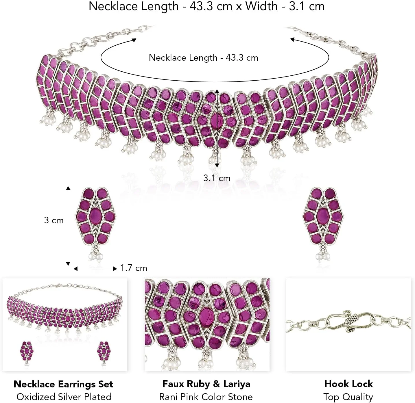 ست گوشواره و گردنبند زنانه با روکش نقره ای اکسید شده، مزین به یاقوت مصنوعی و لاریای، جواهرات مد روز اهلی
