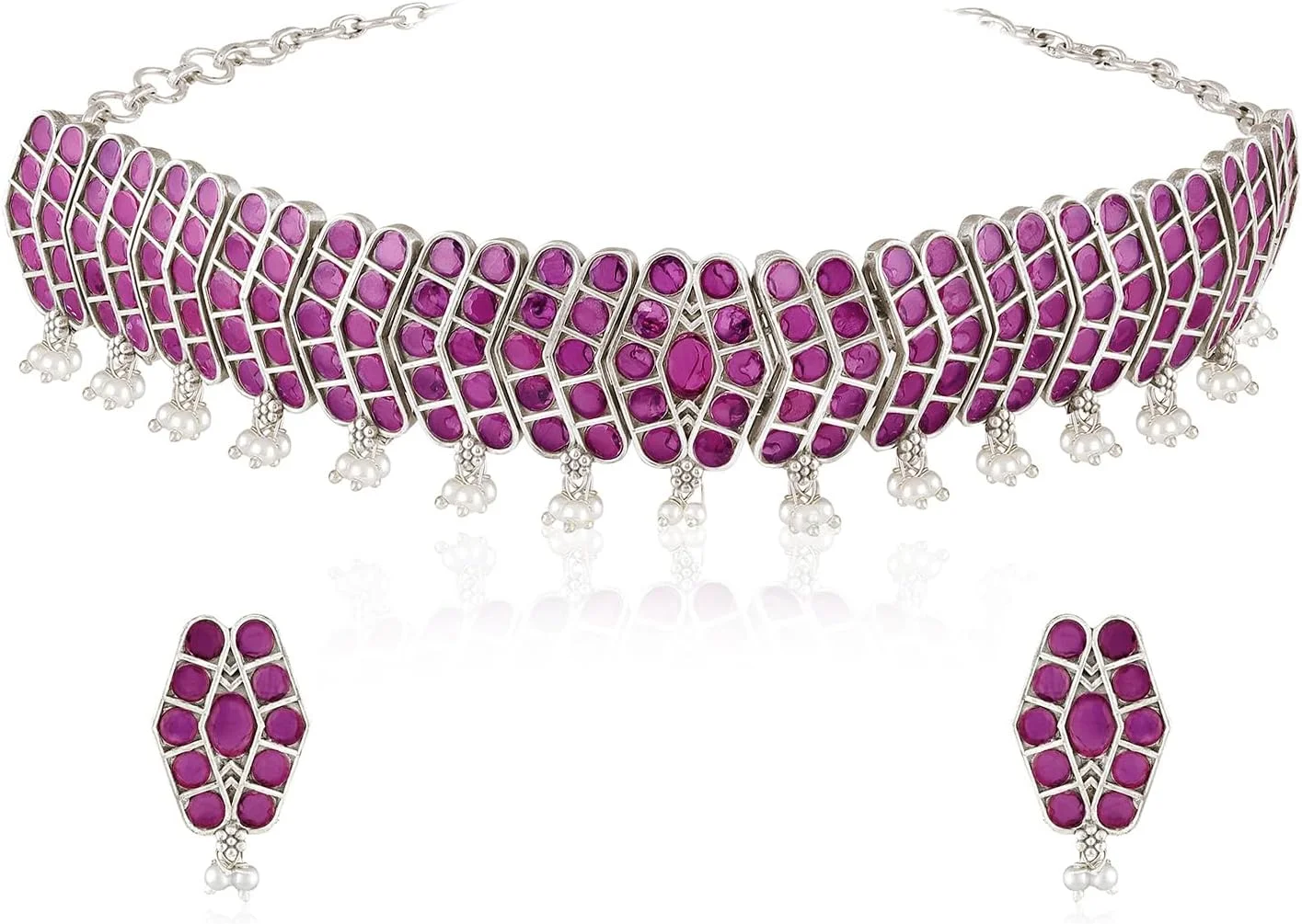 ست گوشواره و گردنبند زنانه با روکش نقره ای اکسید شده، مزین به یاقوت مصنوعی و لاریای، جواهرات مد روز اهلی