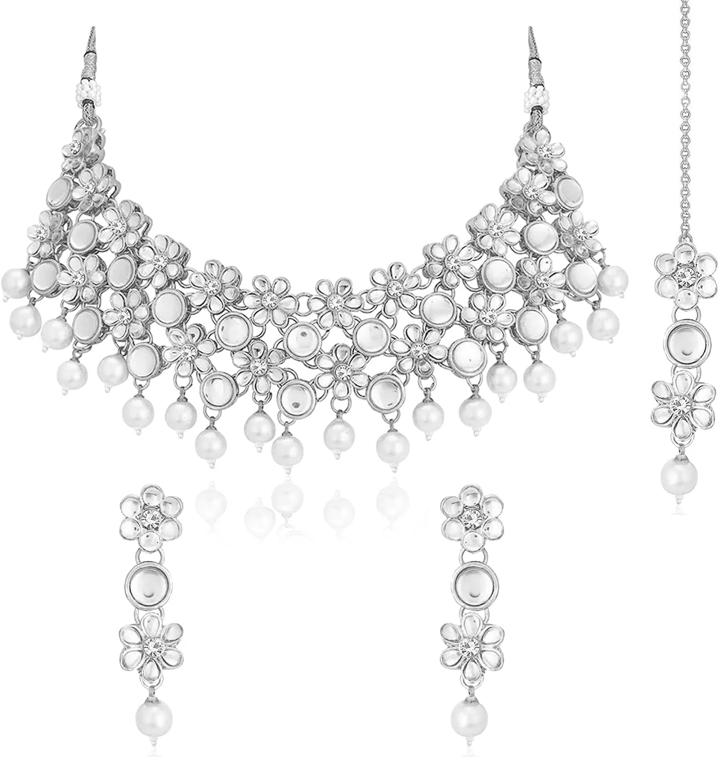 ست گردنبند، گوشواره و مانگ تیکا زنانه آحلی با روکش نقره، نگین کاری شده با Kundan و مهره، جواهرات قومی ست گردنبند، گوشواره و مانگ تیکا زنانه آحلی با روکش نقره، نگین کاری شده با Kundan و مهره، جواهرات قومی