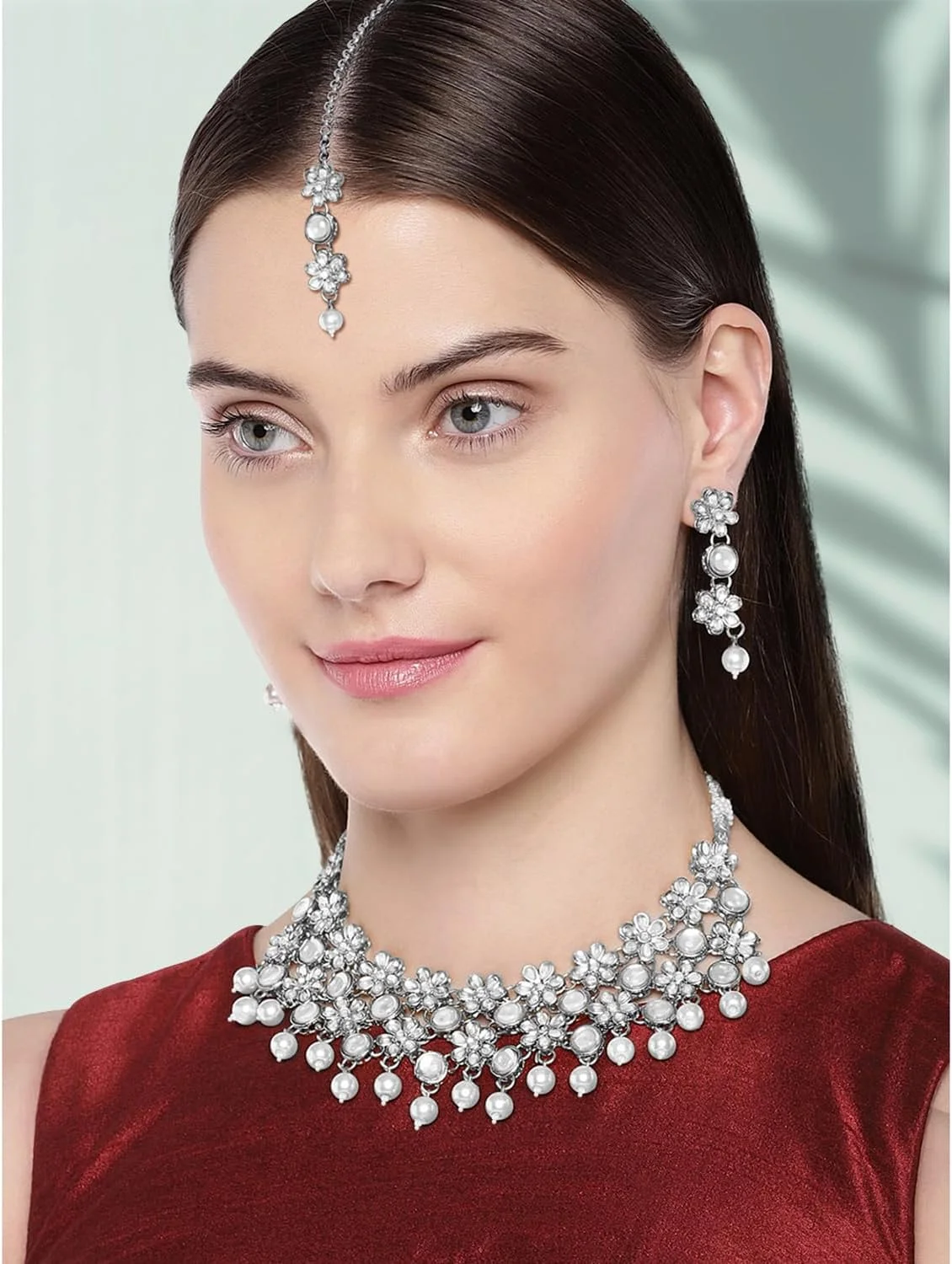 ست گردنبند، گوشواره و مانگ تیکا زنانه آحلی با روکش نقره، نگین کاری شده با Kundan و مهره، جواهرات قومی ست گردنبند، گوشواره و مانگ تیکا زنانه آحلی با روکش نقره، نگین کاری شده با Kundan و مهره، جواهرات قومی