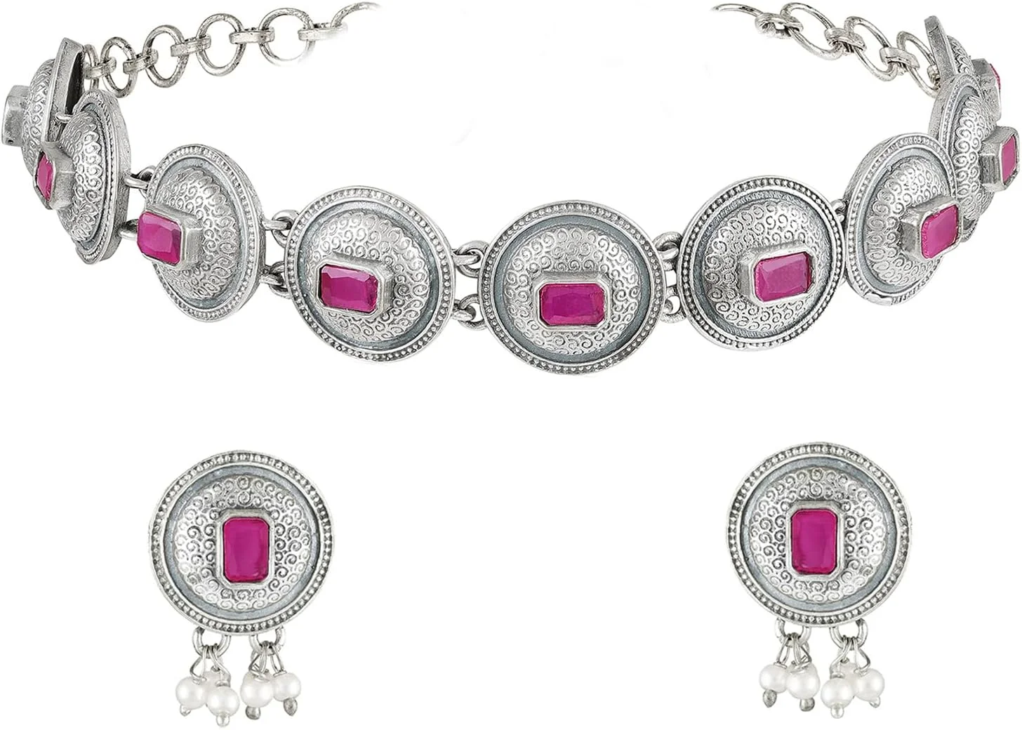 آهلی ست گردنبند چوکر و گوشواره های زنانه با روکش نقره ای و نگین های صورتی آهلی ست گردنبند چوکر و گوشواره های زنانه با روکش نقره ای و نگین های صورتی