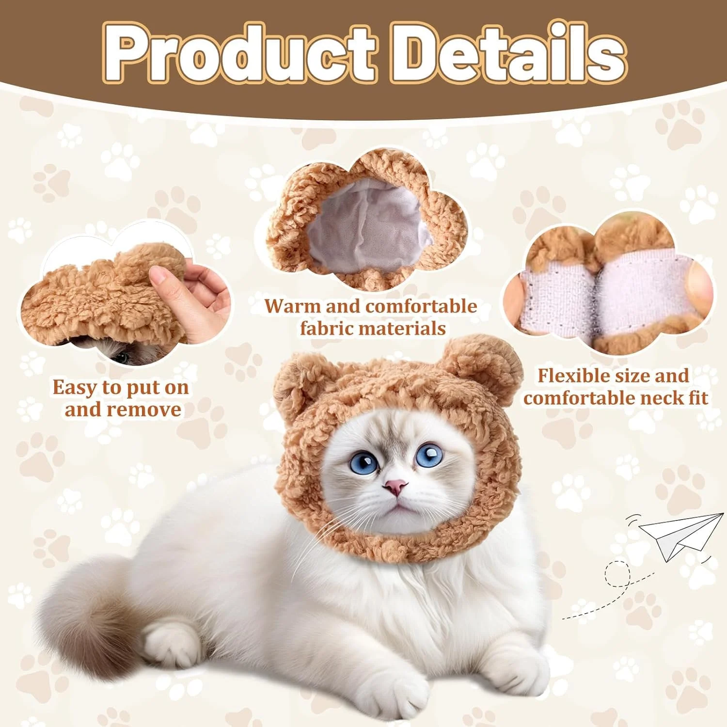 کلاه حیوانات خانگی طرح خرس YOOJ® با گوش برای گربه ها و سگ های کوچک، کلاه سر نرم، گرم و زیبا با قابلیت تنظیم برای هالووین، تولد، عکاسی، لباس پوشیدن فانتزی، پوشاک مناسب هوای سرد