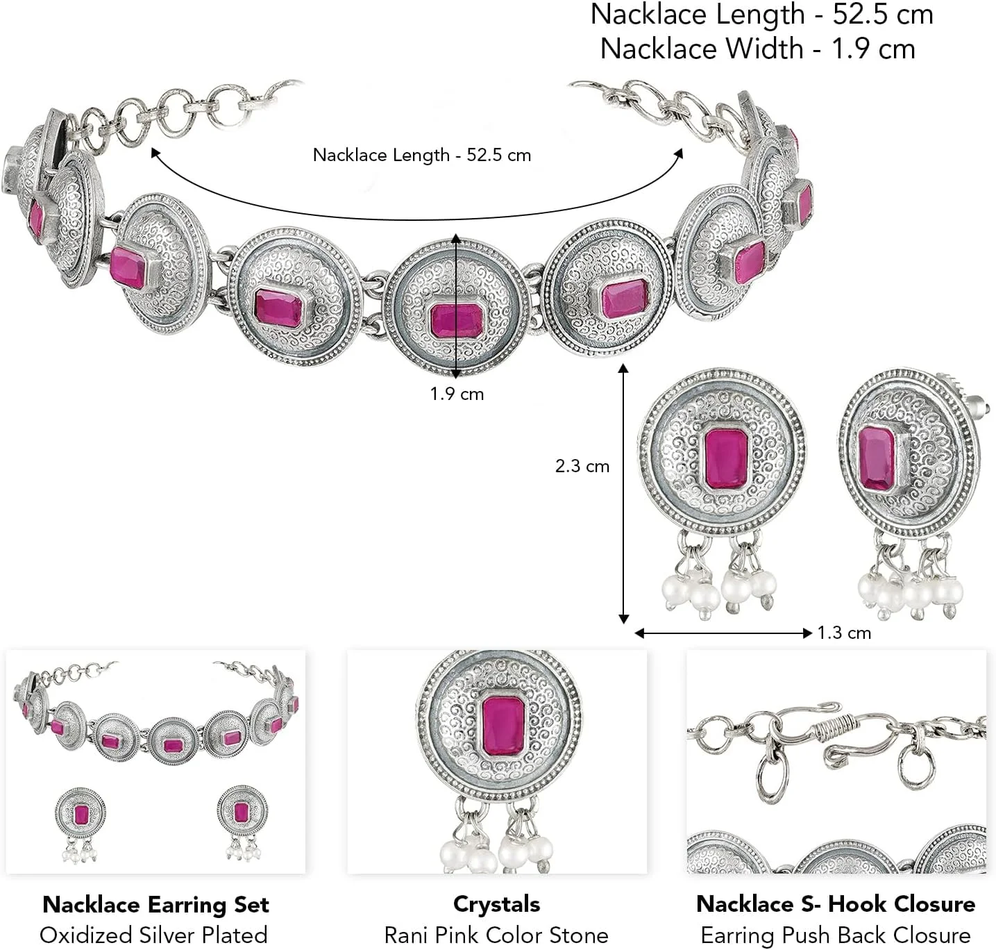 آهلی ست گردنبند چوکر و گوشواره های زنانه با روکش نقره ای و نگین های صورتی آهلی ست گردنبند چوکر و گوشواره های زنانه با روکش نقره ای و نگین های صورتی
