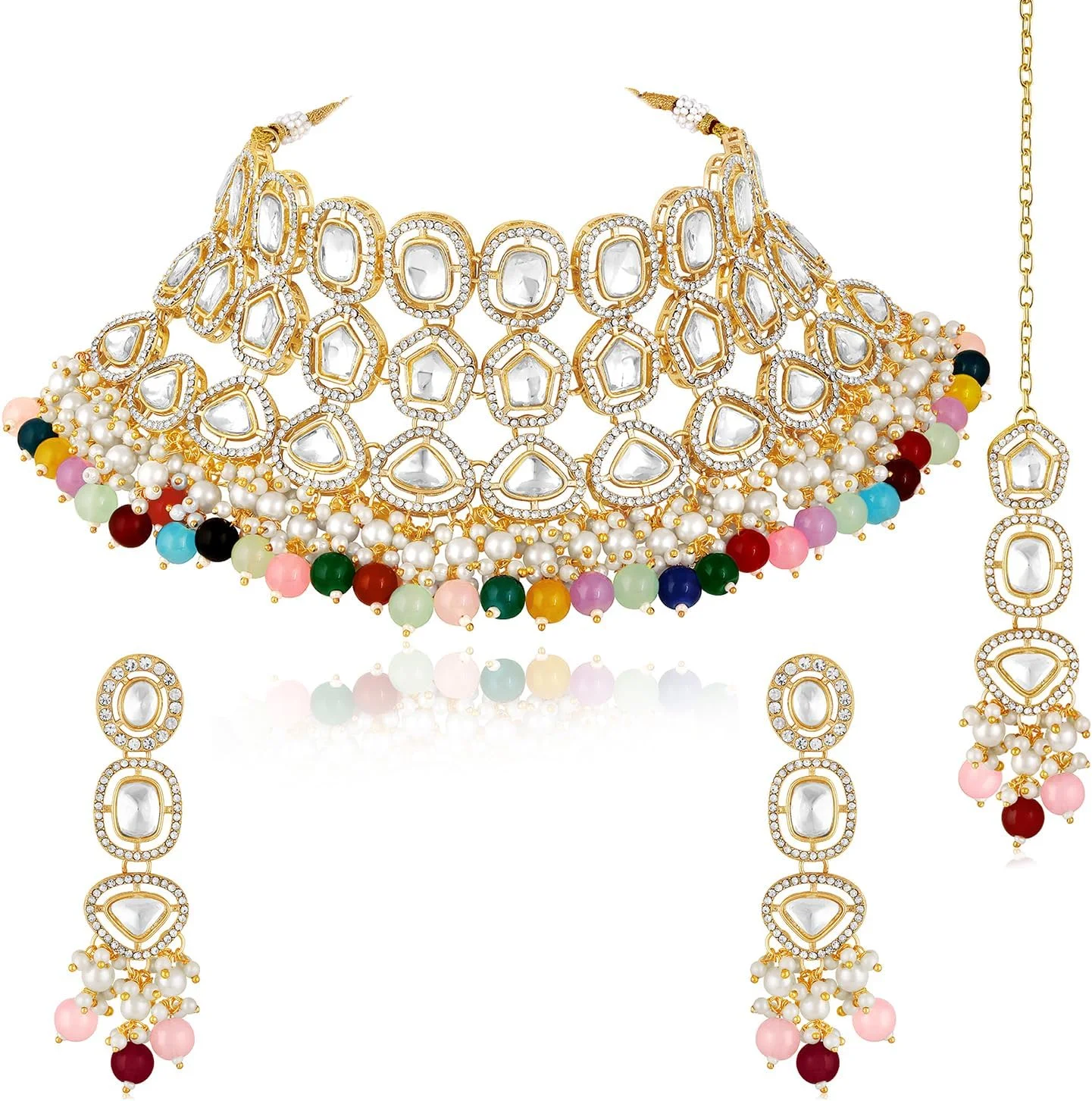 ست گردنبند چوکر نگیندار و منجوقدار، گوشواره آویز و مانگتیکا زنانه ست گردنبند چوکر نگیندار و منجوقدار، گوشواره آویز و مانگتیکا زنانه