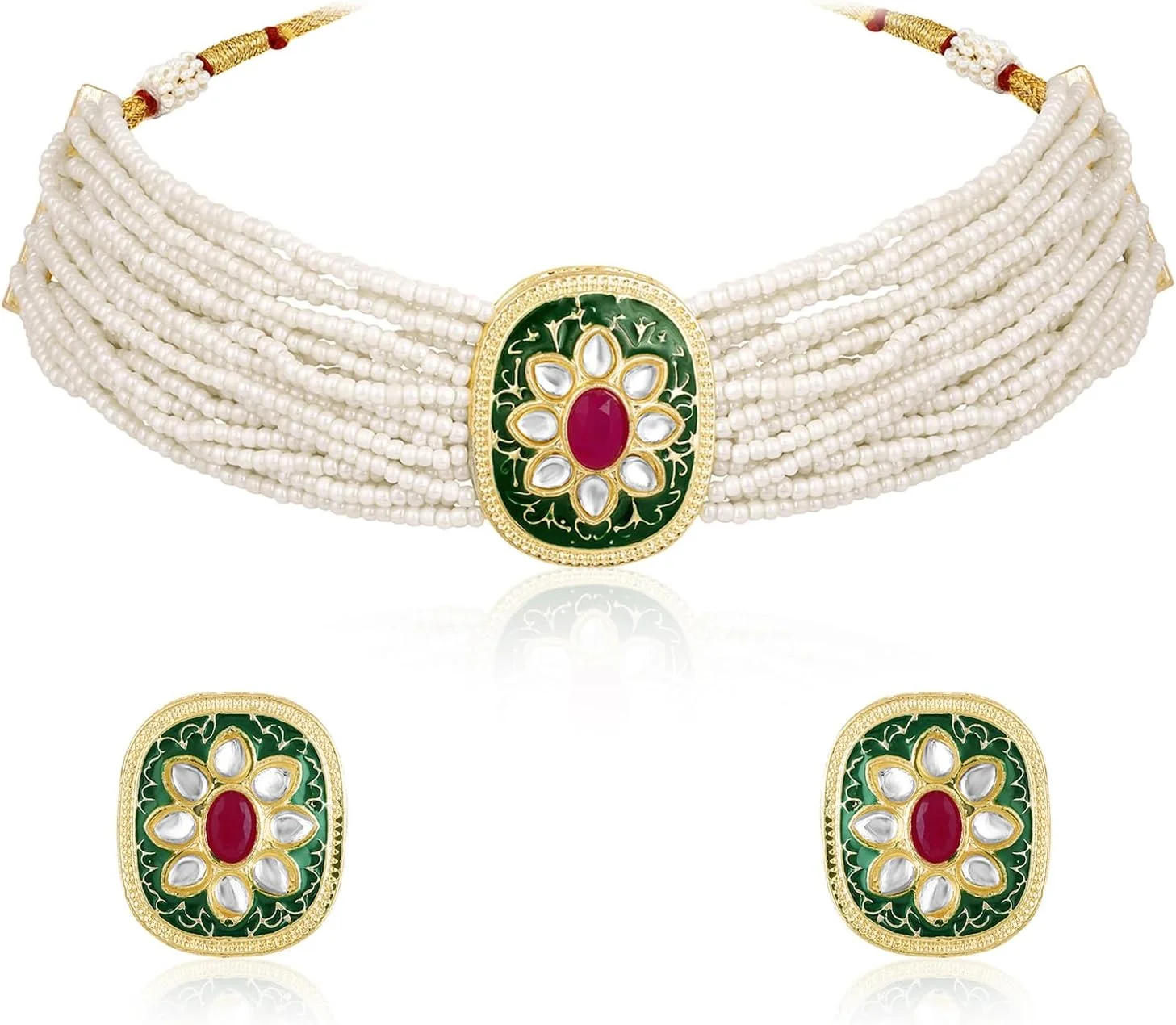 ست گردنبند میناکاری شده با سنگ مصنوعی سبز و سفید و گوشواره های گل میخ نگین دار Aheli، زیورآلات مد هدیه برای زنان ست گردنبند میناکاری شده با سنگ مصنوعی سبز و سفید و گوشواره های گل میخ نگین دار Aheli، زیورآلات مد هدیه برای زنان