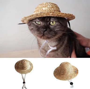 کلاه حصیری سگ و گربه قابل تنظیم مناسب فصل تابستان، کلاه آفتابگیر فانتزی برای توله سگ و بچه گربه، پوشاک و لوازم جانبی سگ