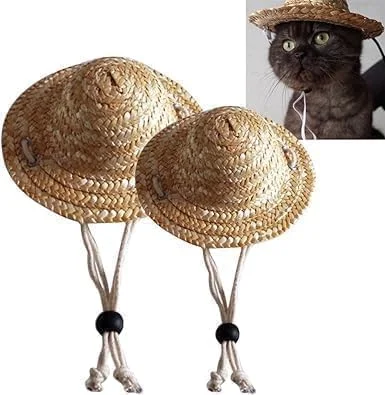 کلاه حصیری سگ و گربه قابل تنظیم مناسب فصل تابستان، کلاه آفتابگیر فانتزی برای توله سگ و بچه گربه، پوشاک و لوازم جانبی سگ