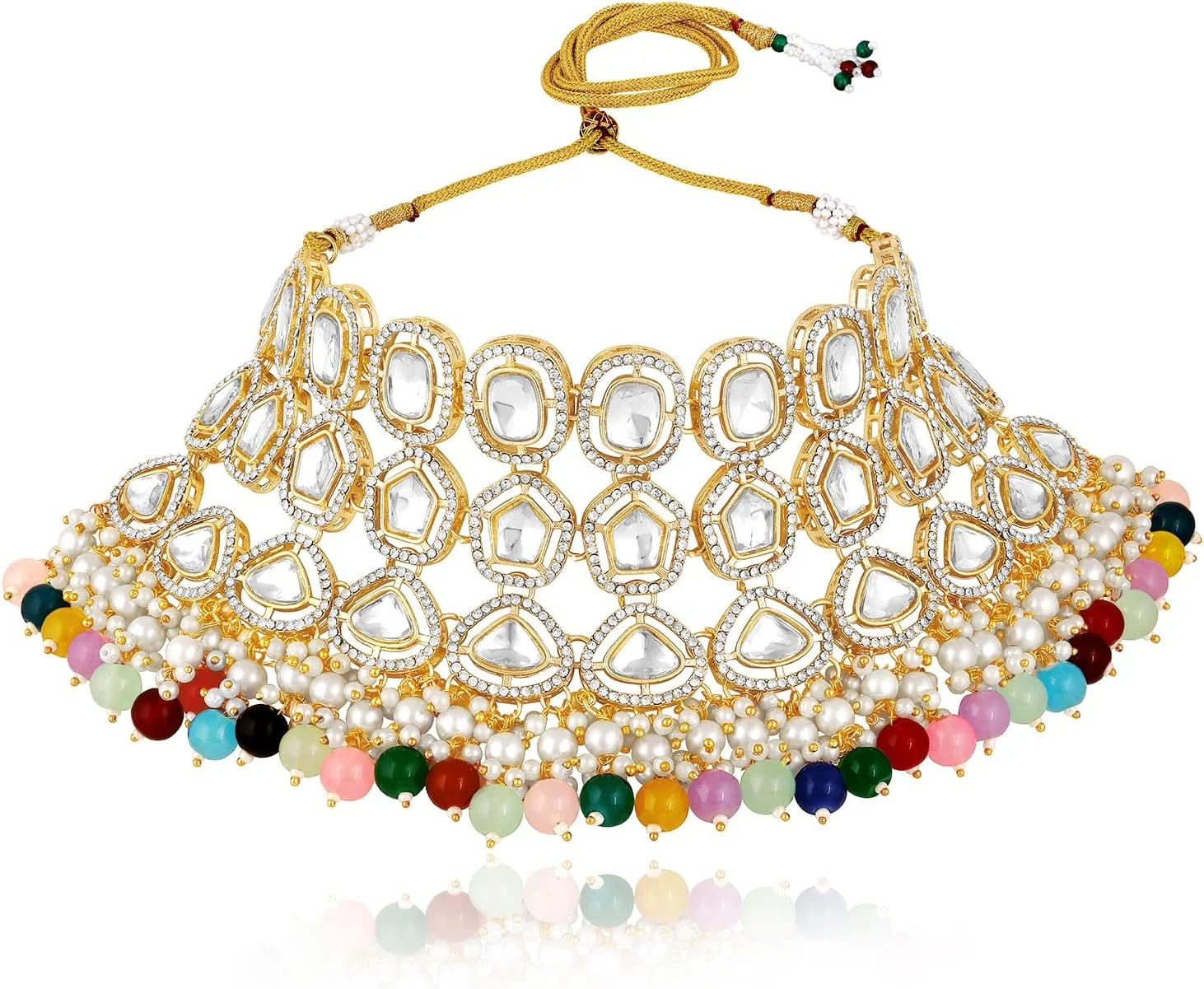 ست گردنبند چوکر نگین‌دار و منجوق‌دار، گوشواره آویز و مانگتیکا زنانه