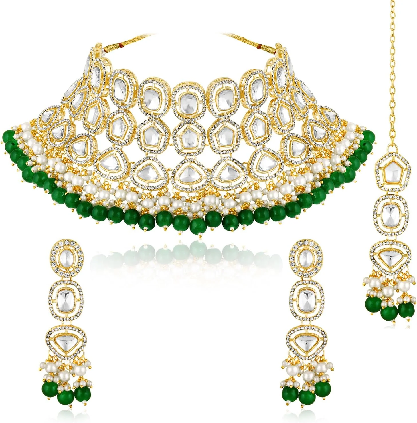 ست گردنبند چوکر سبز رنگ نگیندار، گوشواره آویز و مانگ تیکا زنانه ست گردنبند چوکر سبز رنگ نگیندار، گوشواره آویز و مانگ تیکا زنانه