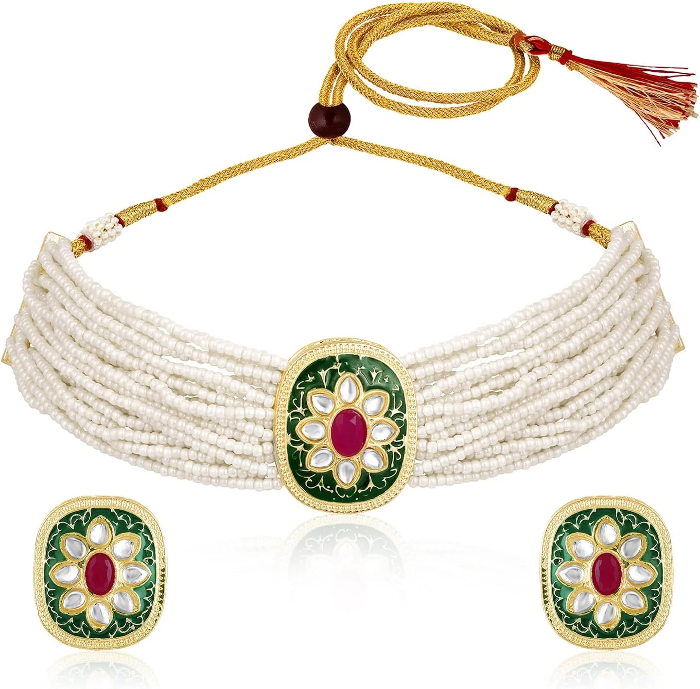 ست گردنبند میناکاری شده با سنگ مصنوعی سبز و سفید و گوشواره های گل میخ نگین دار Aheli، زیورآلات مد هدیه برای زنان ست گردنبند میناکاری شده با سنگ مصنوعی سبز و سفید و گوشواره های گل میخ نگین دار Aheli، زیورآلات مد هدیه برای زنان