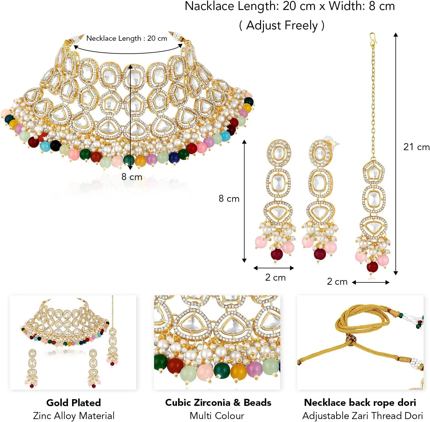 ست گردنبند چوکر نگین‌دار و منجوق‌دار، گوشواره آویز و مانگتیکا زنانه
