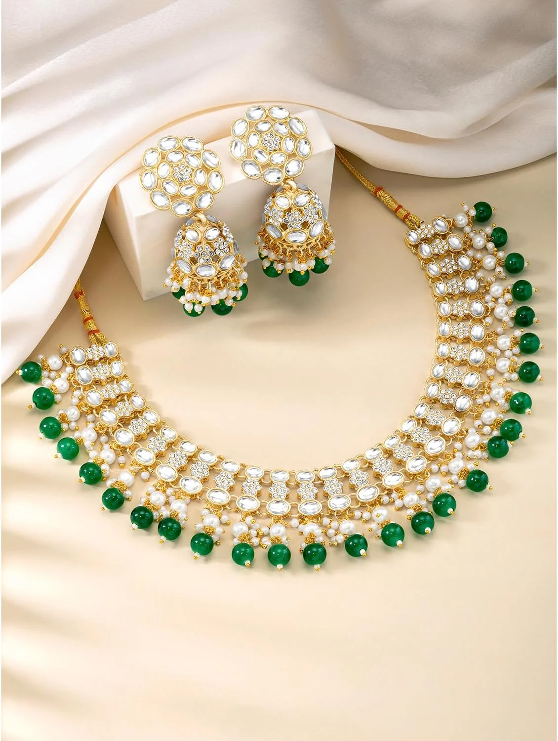 ست گردنبند و گوشواره آویز Jhumki نگین دار زنانه ست گردنبند و گوشواره آویز Jhumki نگین دار زنانه