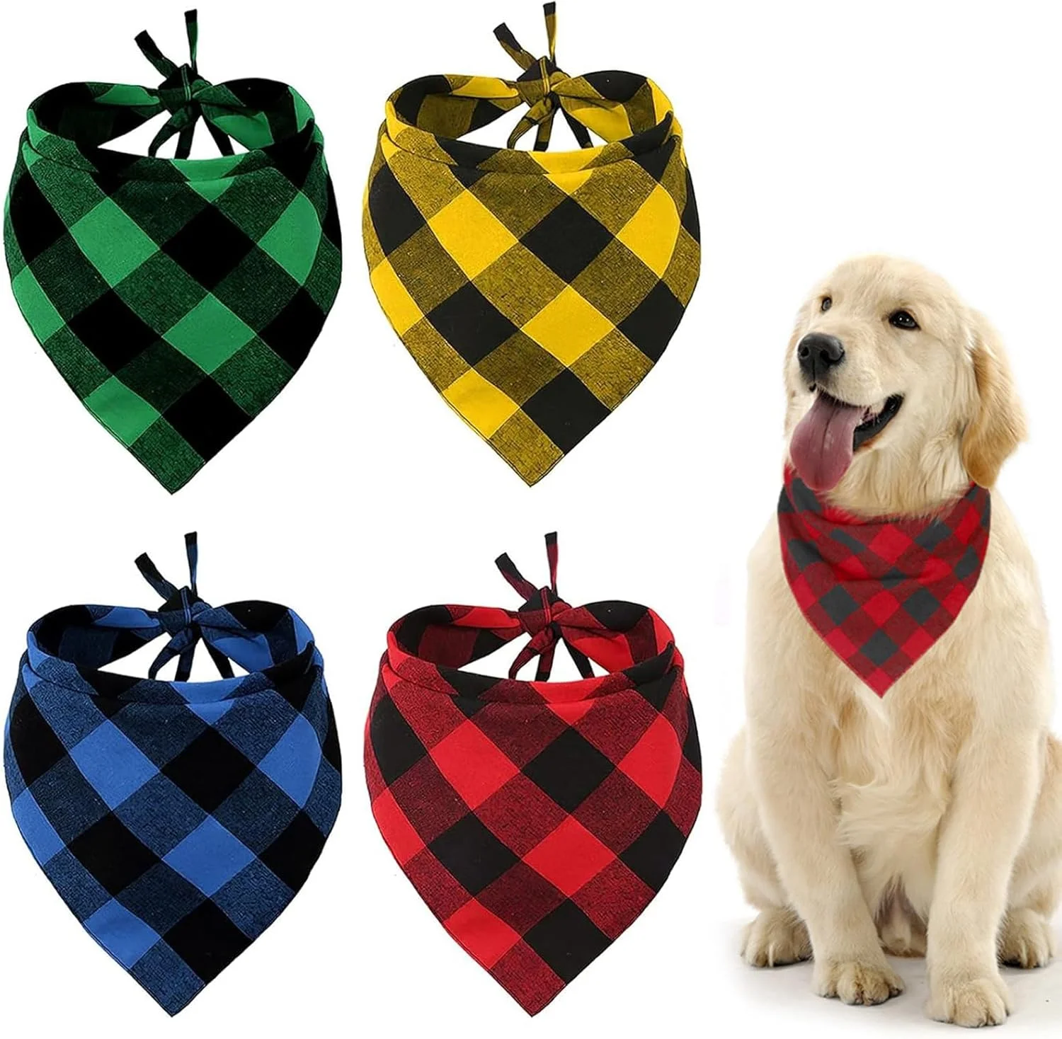 ست ۴ عددی دستمال گردن سگ، طرح چهارخانه کلاسیک قابل تنظیم، شال مثلثی شیک، دستمال گردن نخی قابل شستشو و دو رو، لوازم جانبی دستمال گردن شخصی برای سگ های کوچک، متوسط و بزرگ