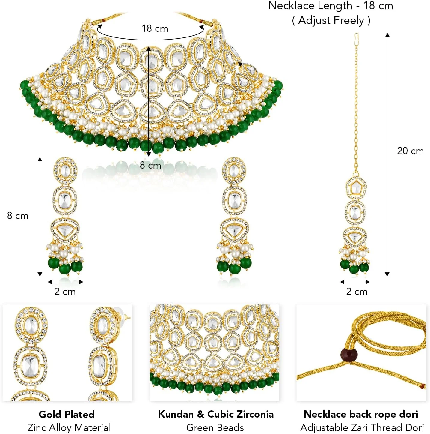 ست گردنبند چوکر سبز رنگ نگیندار، گوشواره آویز و مانگ تیکا زنانه ست گردنبند چوکر سبز رنگ نگیندار، گوشواره آویز و مانگ تیکا زنانه