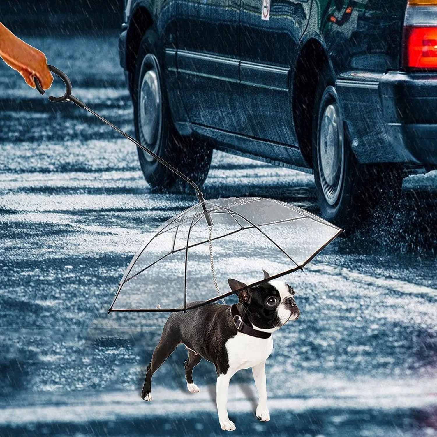 چتر سگ با بند، چتر سگ با قطر 70 سانتی متر، چتر ضد باران و ضد برف برای گربه و سگ با دسته C شکل 40 سانتی متری، ژاکت بارانی سگ برای پیاده روی در برف و باران