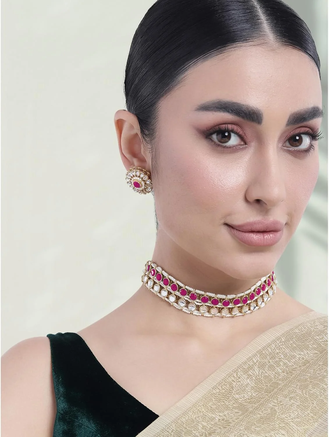 آهلی ست گردنبند و گوشواره زنانه نگین دار سنگ مصنوعی و مهره ای رانی صورتی