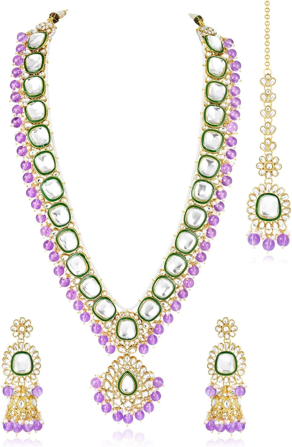 ست گردنبند، گوشواره Jhumki و Maangtikka مزین به سنگ مصنوعی Kundan و مهره بنفش، جواهرات قومی برای زنان ست گردنبند، گوشواره Jhumki و Maangtikka مزین به سنگ مصنوعی Kundan و مهره بنفش، جواهرات قومی برای زنان