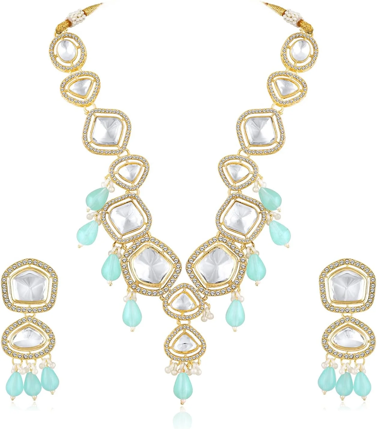 ست گردنبند نگیندار و گوشواره آویز زنانه با سنگ مصنوعی آبی آسمانی و مهره ست گردنبند نگیندار و گوشواره آویز زنانه با سنگ مصنوعی آبی آسمانی و مهره