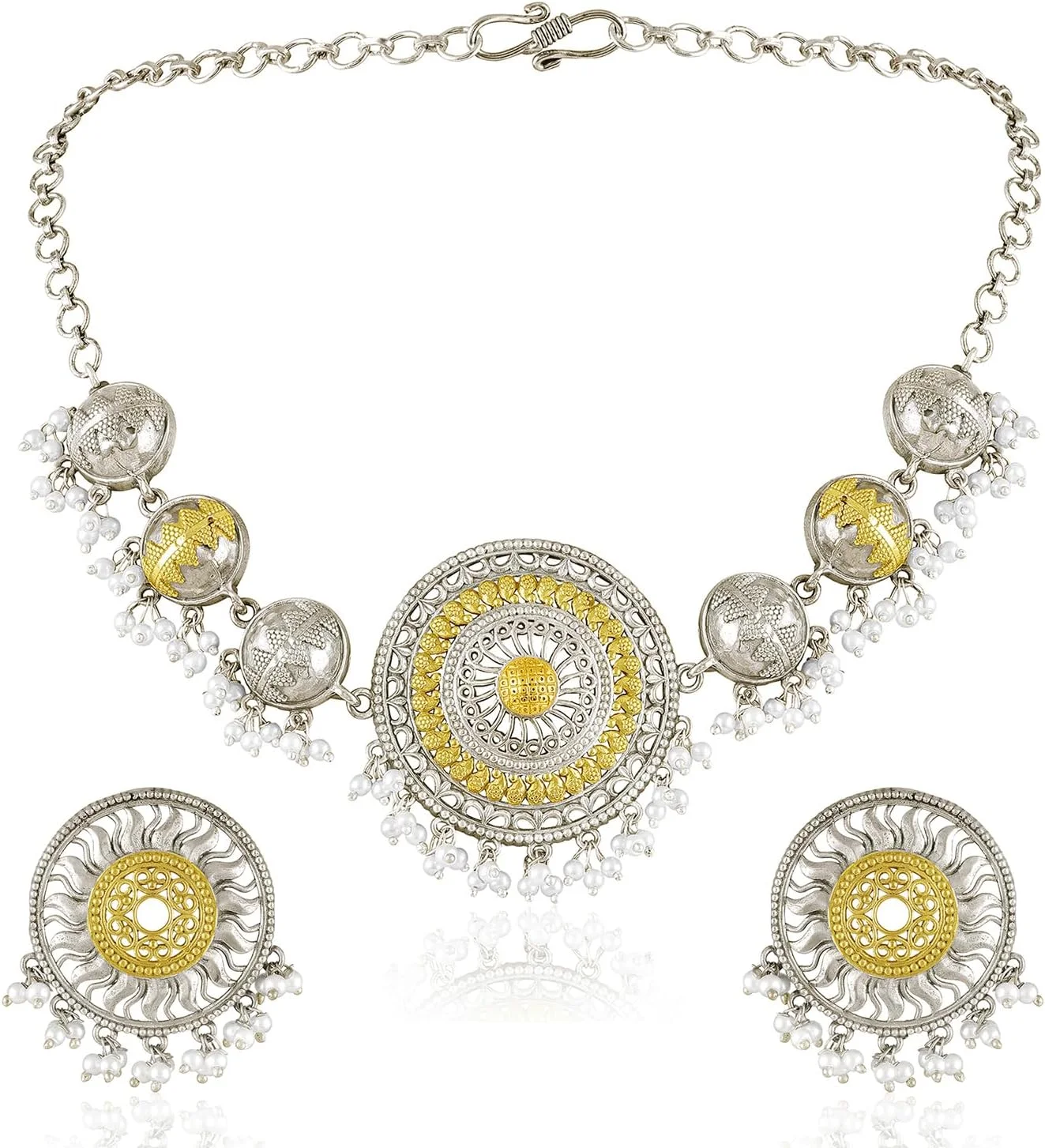 آهلی ست گردنبند و گوشواره زنانه با طرح قومی، مزین به سنگ لعل و روکش نقرهای اکسیدشده و طلایی آهلی ست گردنبند و گوشواره زنانه با طرح قومی، مزین به سنگ لعل و روکش نقرهای اکسیدشده و طلایی