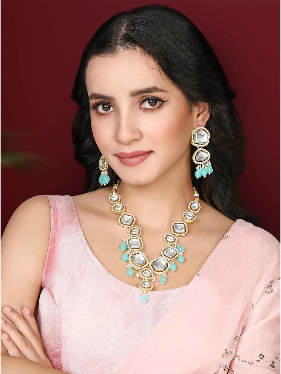 ست گردنبند نگیندار و گوشواره آویز زنانه با سنگ مصنوعی آبی آسمانی و مهره ست گردنبند نگیندار و گوشواره آویز زنانه با سنگ مصنوعی آبی آسمانی و مهره