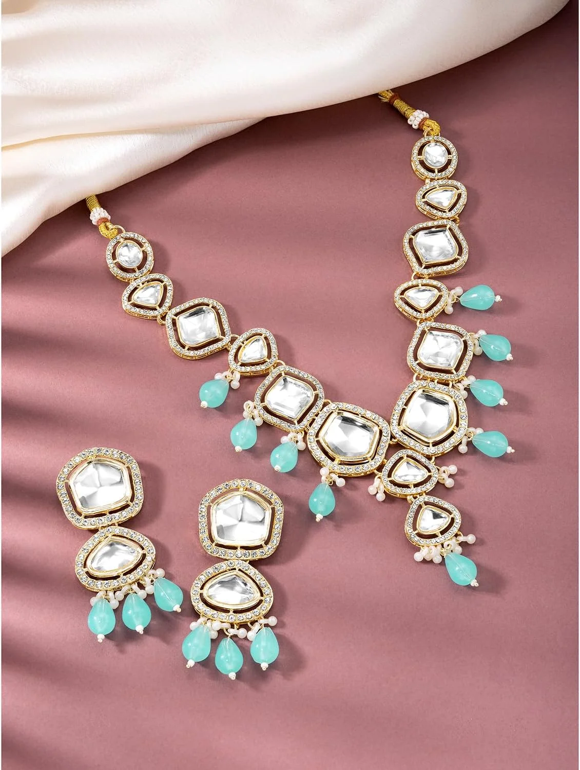 ست گردنبند نگیندار و گوشواره آویز زنانه با سنگ مصنوعی آبی آسمانی و مهره ست گردنبند نگیندار و گوشواره آویز زنانه با سنگ مصنوعی آبی آسمانی و مهره