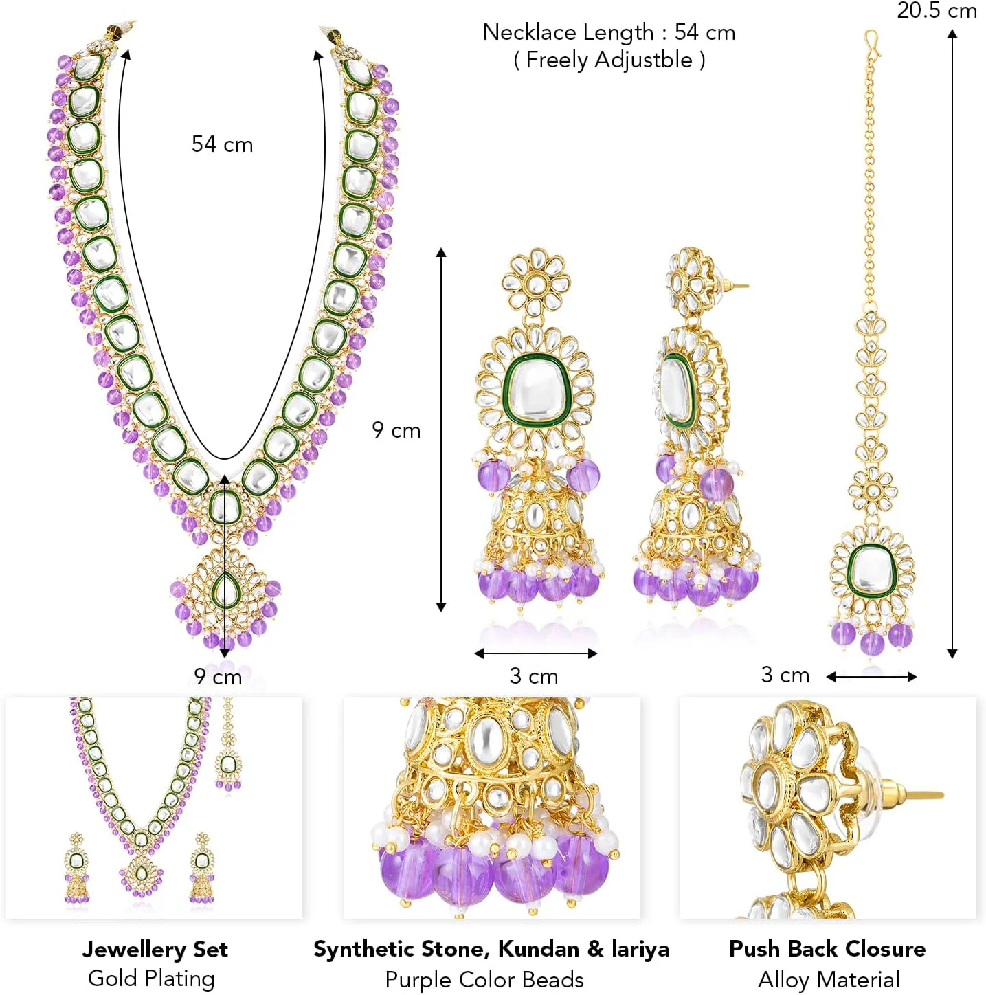 ست گردنبند، گوشواره Jhumki و Maangtikka مزین به سنگ مصنوعی Kundan و مهره بنفش، جواهرات قومی برای زنان ست گردنبند، گوشواره Jhumki و Maangtikka مزین به سنگ مصنوعی Kundan و مهره بنفش، جواهرات قومی برای زنان