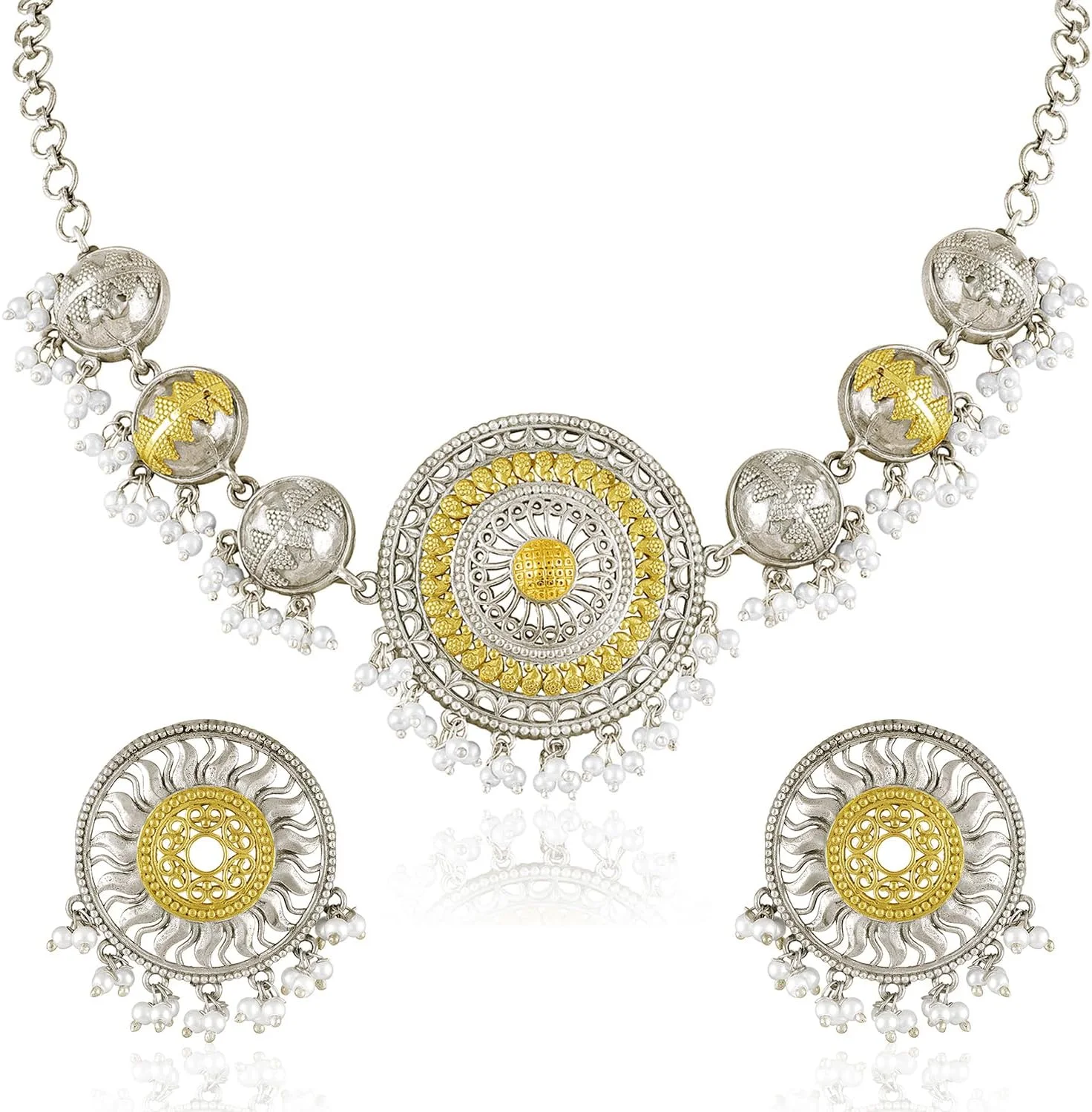 آهلی ست گردنبند و گوشواره زنانه با طرح قومی، مزین به سنگ لعل و روکش نقرهای اکسیدشده و طلایی آهلی ست گردنبند و گوشواره زنانه با طرح قومی، مزین به سنگ لعل و روکش نقرهای اکسیدشده و طلایی