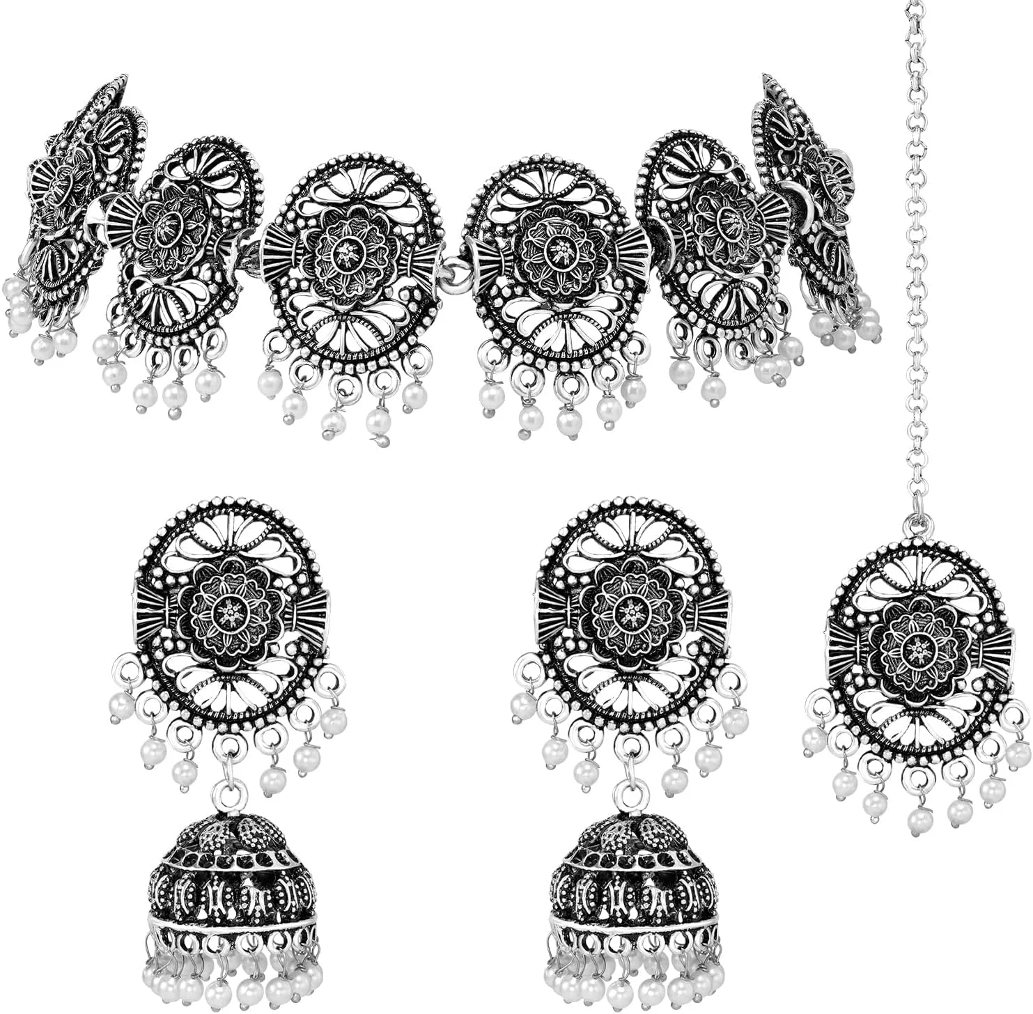 ست جواهرات زنانه آهلی شامل گردنبند چوکر نقرهای سنتی با مهرههای فلزی و گوشوارههای جومکی ست جواهرات زنانه آهلی شامل گردنبند چوکر نقرهای سنتی با مهرههای فلزی و گوشوارههای جومکی