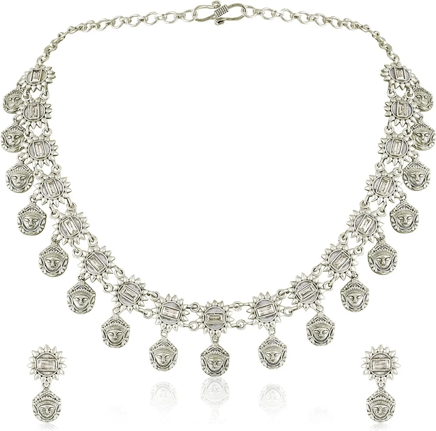 آهلی، ست گردنبند و گوشواره آویز نقره ای اکسید شده با طرح قومی، زیورآلات مد روز برای بانوان آهلی، ست گردنبند و گوشواره آویز نقره ای اکسید شده با طرح قومی، زیورآلات مد روز برای بانوان