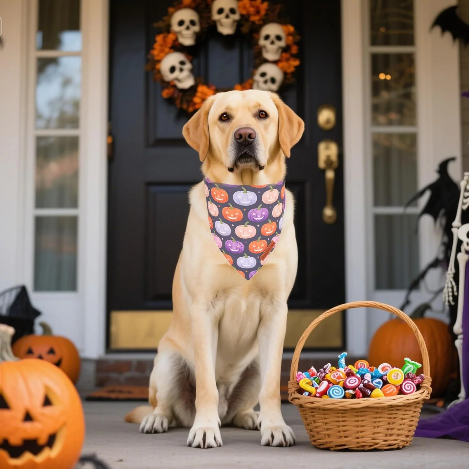 ست دستمال گردن سگ طرح هالووین ADOGGYGO، بسته 2 عددی، دستمال سه گوش دو طرفه طرح کدو تنبل و آبنبات، دستمال گردن بنفش برای سگ های خیلی بزرگ (خیلی بزرگ)