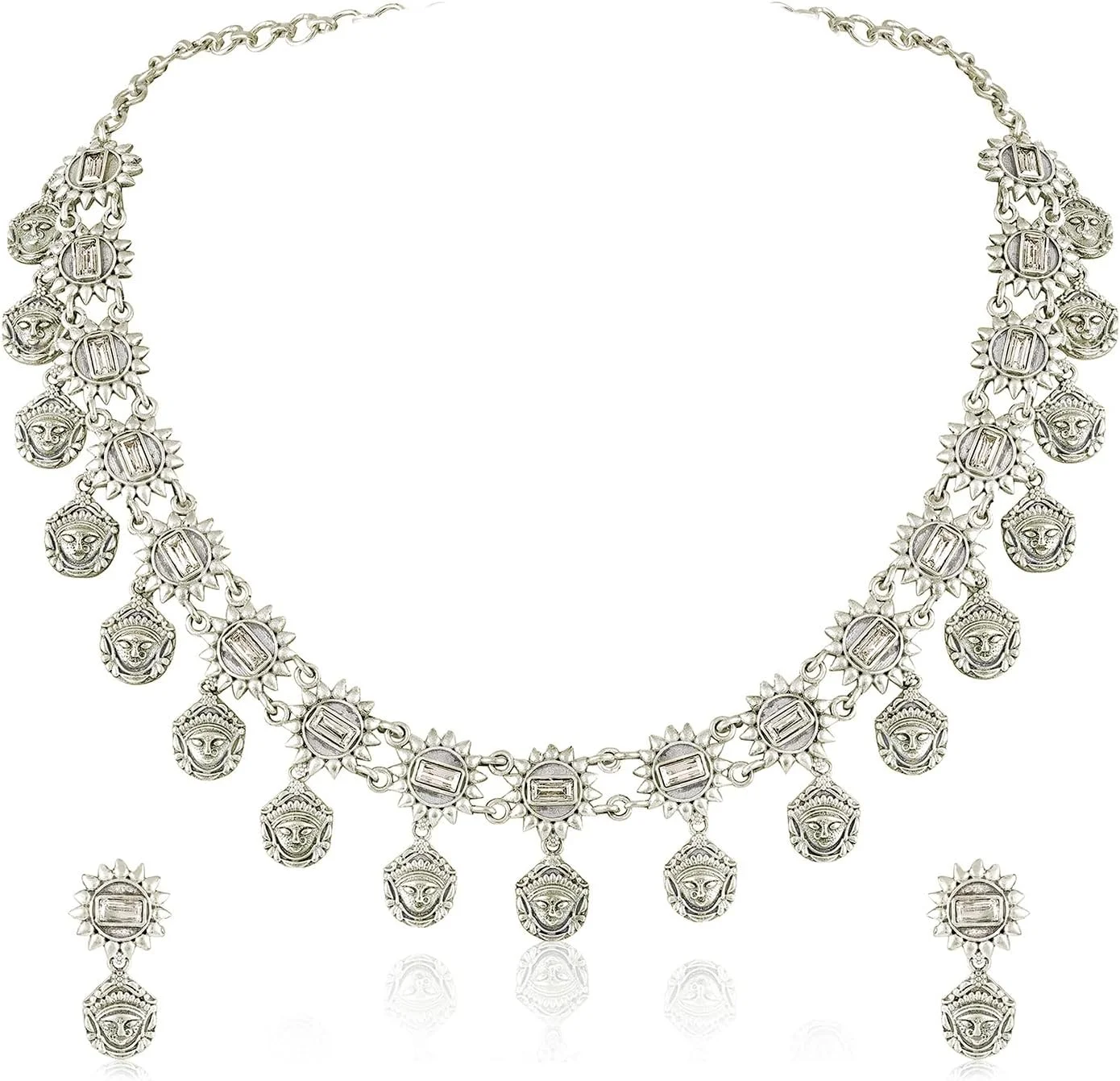 آهلی، ست گردنبند و گوشواره آویز نقره ای اکسید شده با طرح قومی، زیورآلات مد روز برای بانوان آهلی، ست گردنبند و گوشواره آویز نقره ای اکسید شده با طرح قومی، زیورآلات مد روز برای بانوان