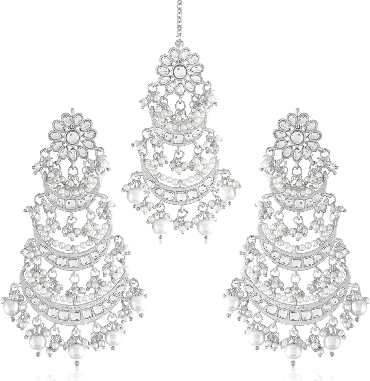 آهلی، ست گوشواره آویز و مانگ تیکا نگین کاری شده با کوندا و لاریا با روکش نقره، جواهرات قومی برای زنان - طرح 1 آهلی، ست گوشواره آویز و مانگ تیکا نگین کاری شده با کوندا و لاریا با روکش نقره، جواهرات قومی برای زنان - طرح 1