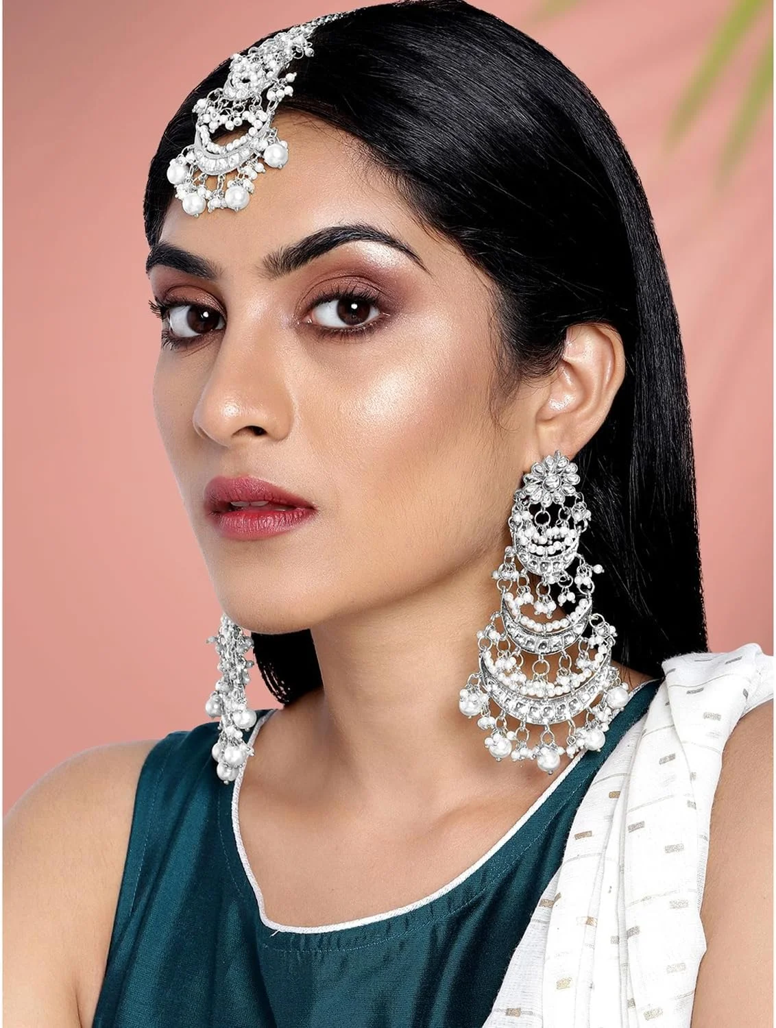 آهلی، ست گوشواره آویز و مانگ تیکا نگین کاری شده با کوندا و لاریا با روکش نقره، جواهرات قومی برای زنان - طرح 1