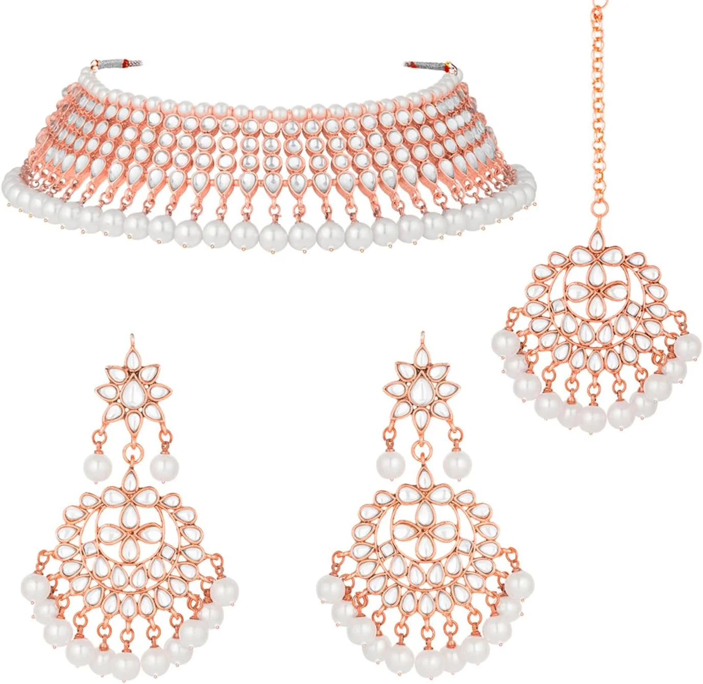 ست گردنبند، گوشواره و مانگ تیکا زنانه با روکش طلای رز، نگین کاری شده با کندن و مهره، طراحی 2 ست گردنبند، گوشواره و مانگ تیکا زنانه با روکش طلای رز، نگین کاری شده با کندن و مهره، طراحی 2