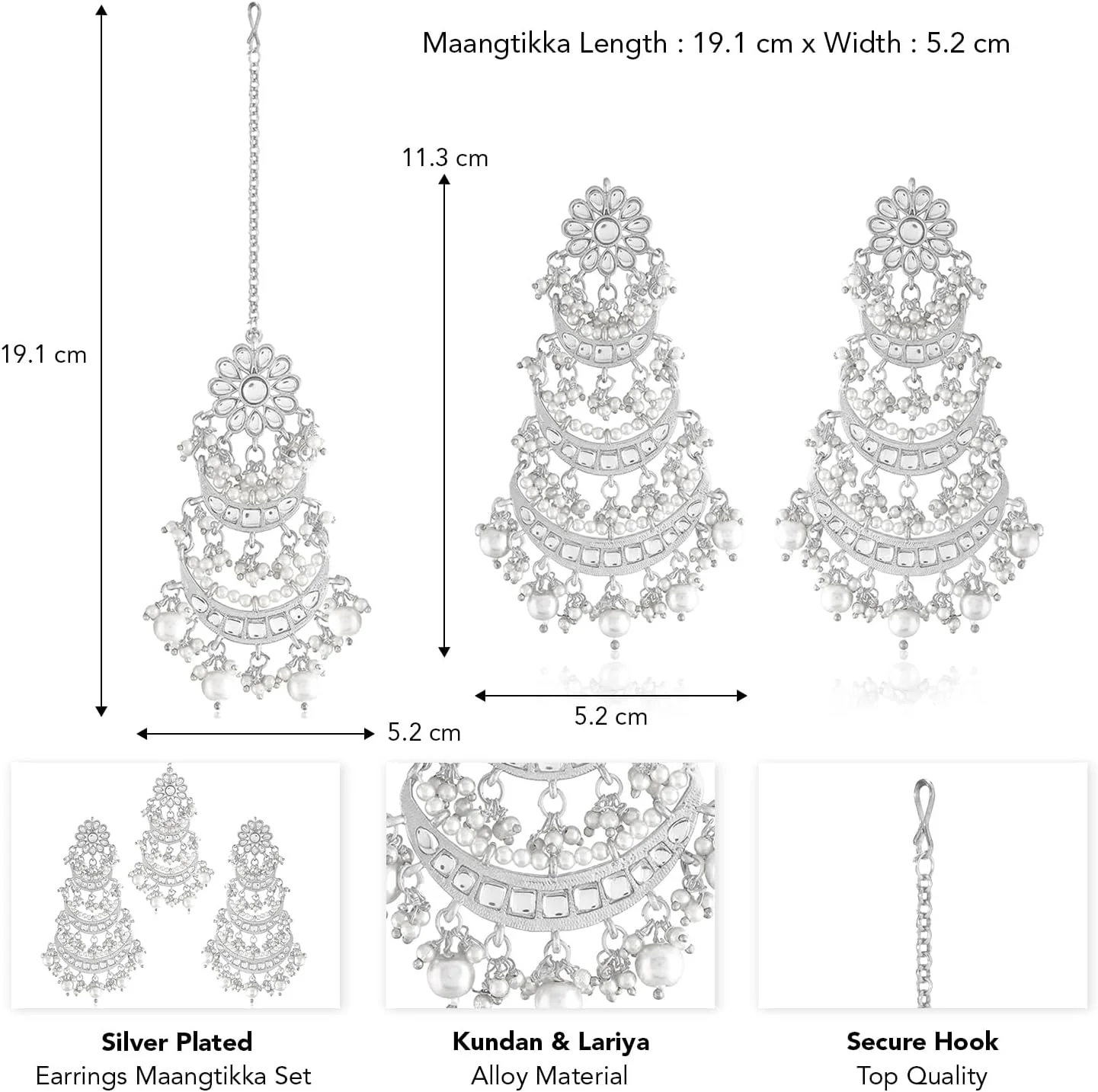 آهلی، ست گوشواره آویز و مانگ تیکا نگین کاری شده با کوندا و لاریا با روکش نقره، جواهرات قومی برای زنان - طرح 1
