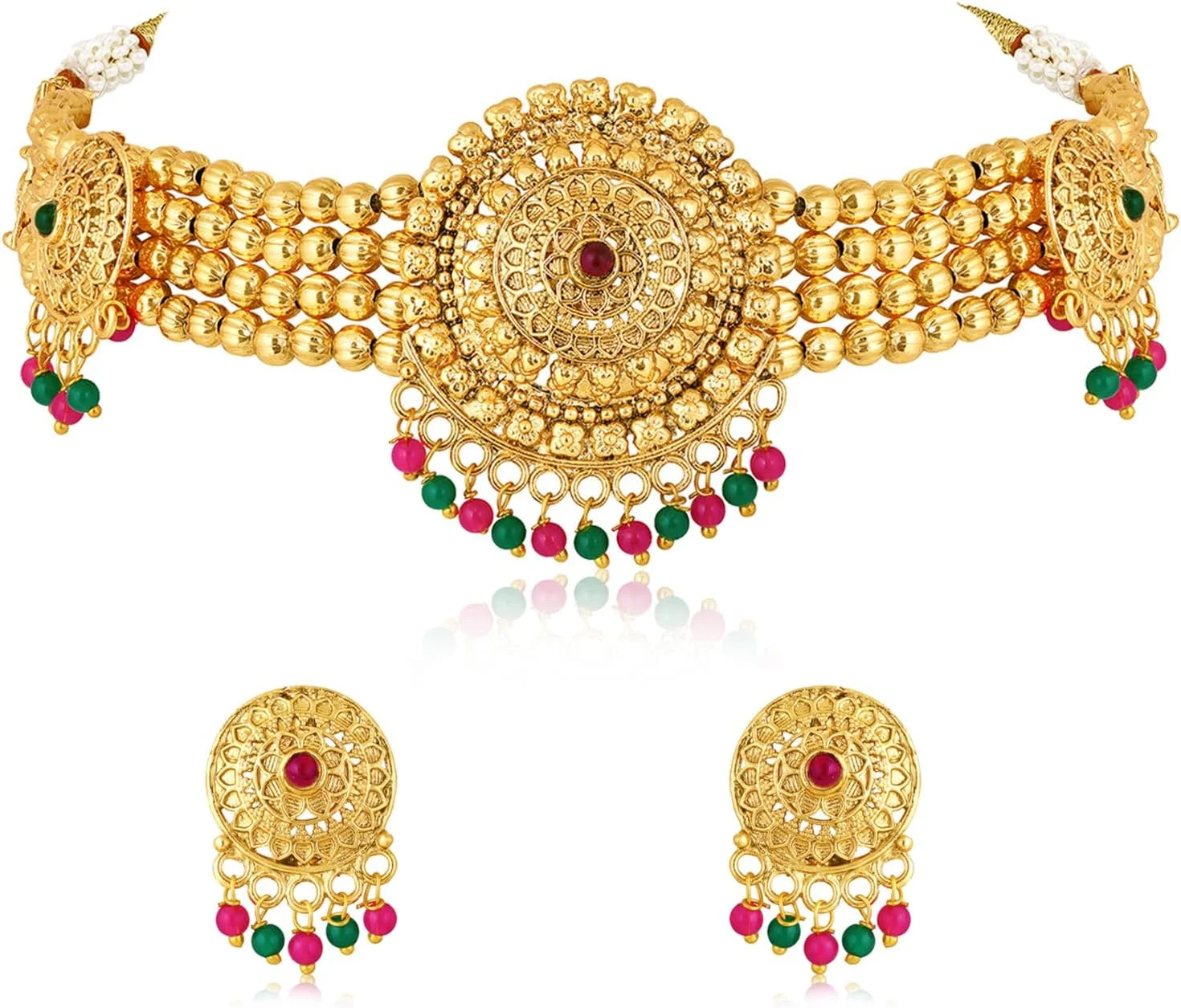 ست گردنبند و گوشواره آویز نگین دار با سنگ های مصنوعی سبز و قرمز و مهره های روکش طلایی Aheli هدیه برای بانوان ست گردنبند و گوشواره آویز نگین دار با سنگ های مصنوعی سبز و قرمز و مهره های روکش طلایی Aheli هدیه برای بانوان